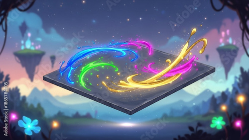 Vibrant swirling neon lights on a floating square platform in a fantastical landscape with glowing flowers and mystical mountains with dusk