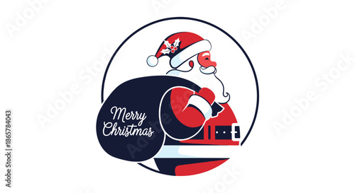Cheerful Santa Claus character in a circular frame carrying a gift sack with 'Merry Christmas' text, perfect for holiday greetings.