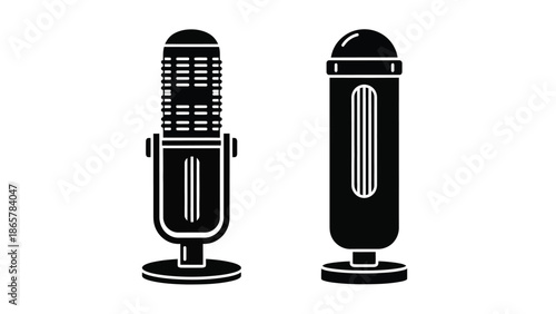 Two black and white vintage style microphones presented in a simple graphic design