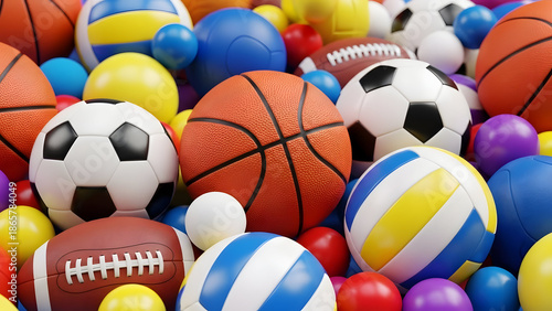 Colorful assortment of sports balls including soccer basketball volleyball football and tennis balls in vibrant display for sports activities and recreation