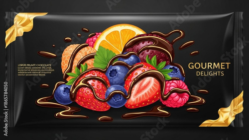 Gourmet chocolate wrapped package with mixed berries and fruit, sweet delights, dessert, food, confectionery, chocolate gift, fruit with yum
