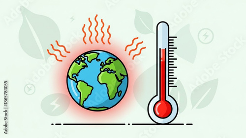 Global warming concept with a thermometer and earth showing rising temperature and heat waves with climate change and environment with icon