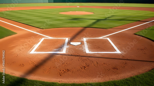 Baseball field with home plate and batter's box markings on a sunny day perfect for game play and outdoor sports activities at the stadium