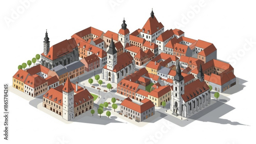 Aerial view of a historic european town with red roofs and white buildings with city and architecture and urban and landscape with travel