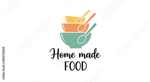 Charming logo for home made food featuring a stack of colorful bowls and spoons with cute, handwritten-style typography underneath.