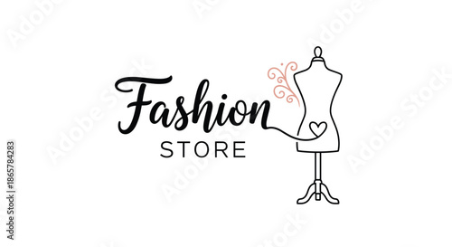 Elegant logo for a fashion store or boutique featuring a line art mannequin and stylish calligraphy with delicate decorative flourishes.