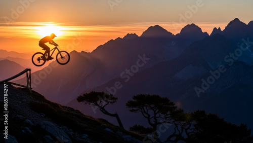 Mountain biker in silhouette performs aerial stunt on rugged trail at sunset with majestic mountain range in background and trees with sport