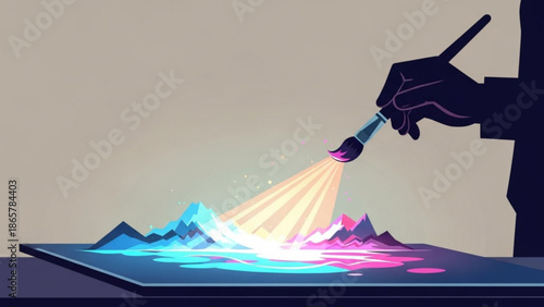 Hand holding paintbrush creating colorful mountain landscape illustration on digital tablet with vibrant colors and creative design