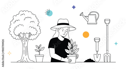 Outline illustration of a woman in a hat engaged in gardening, planting a seedling with a watering can and shovel nearby.