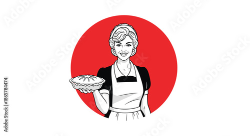 Classic retro illustration of a smiling housewife in an apron proudly presenting a freshly baked pie, inside a red circle.