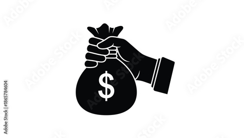 A black silhouette of a hand holding a money bag with a dollar sign