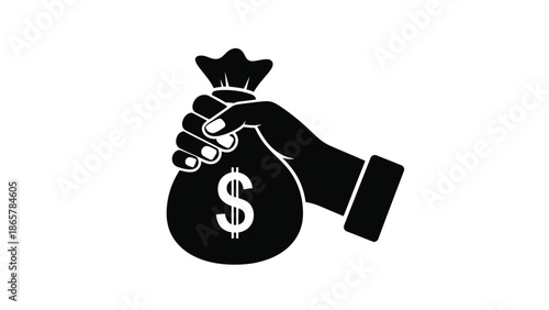 A hand holding a bag with a dollar sign representing wealth