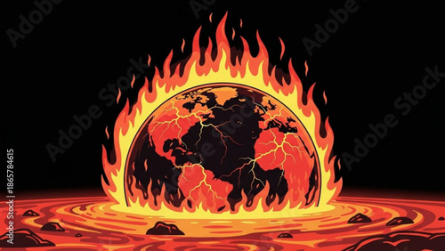 Glowing red earth surrounded by flames and lava on black background, global warming concept illustration with climate change with disaster