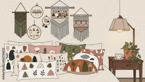 Cozy bedroom interior with decorative pillows and wall hangings in bohemian style, soft lighting, calming atmosphere, serene with lamp