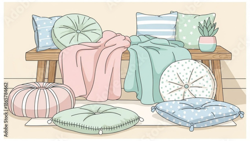 Soft pastel colored pillows and blankets arranged on wooden bench with potted plant in serene minimalist setting with home decor with calm