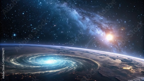 Glowing wormhole opening above a silent space horizon.