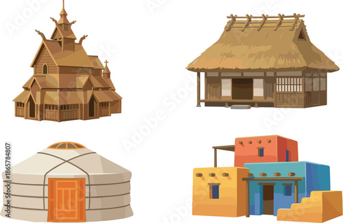 Traditional world houses illustration set featuring wooden church thatched hut yurt and adobe homes isolated on white background
