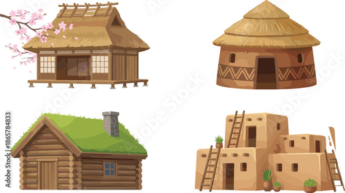 Traditional village houses illustration set featuring wooden hut straw roof round tribal home and adobe dwellings isolated on white background