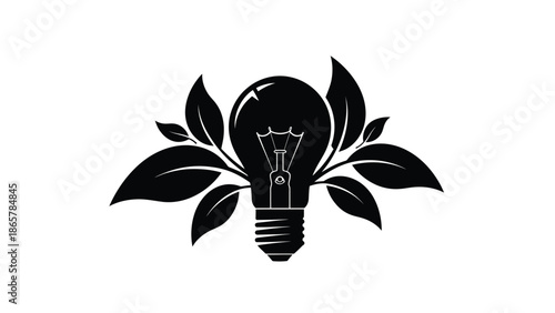 A black silhouette of a lightbulb sprouting leaves representing green energy