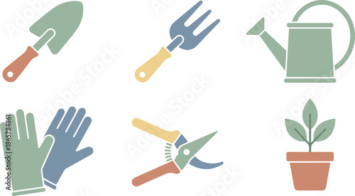 Minimal gardening tools icon set with watering can, gloves, shovel, fork, pruners, and potted plant for garden design projects