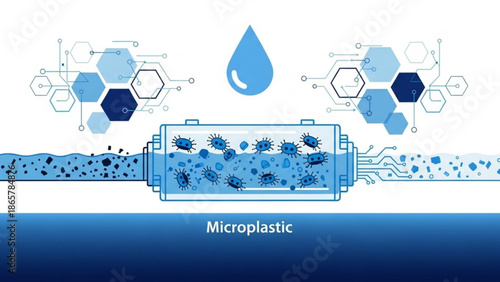 Microplastic pollution in water filtration system illustration with molecular structures and contaminants with environment with ecology