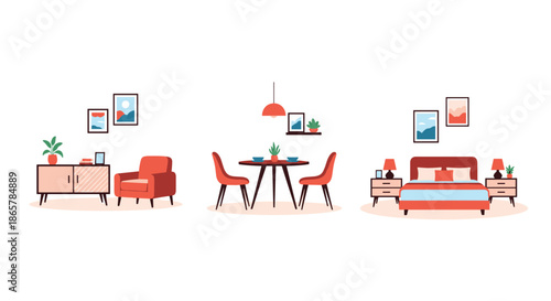 Set of three cozy and modern interior design scenes, including a living room, dining room, and bedroom with stylish furniture.