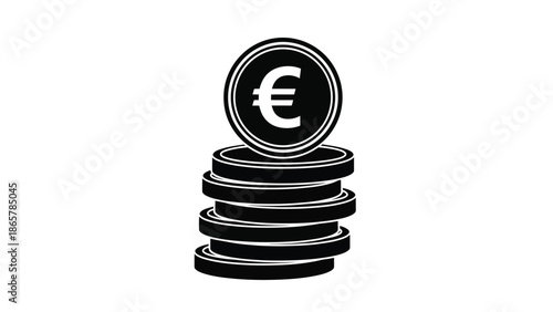 A stack of euro coins in a monochrome black and white design