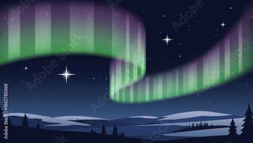 Aurora borealis northern lights green purple night sky stars landscape illustration with starry sky and astronomical event and green
