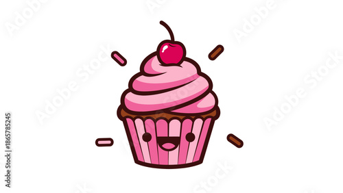 Cute Cartoon Cupcake with Pink Frosting and Cherry Topping.