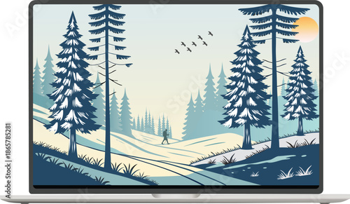 Winter Landscape with Snow-Covered Hills, Pine Trees sunrise and birds. Nature background for Christmas or New Year. Peaceful wintertime scene.