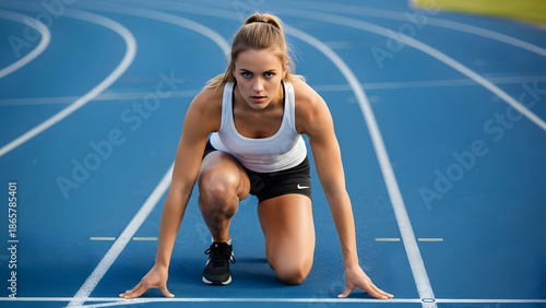 Female athlete in starting position on blue running track preparing for race competition at stadium sports event