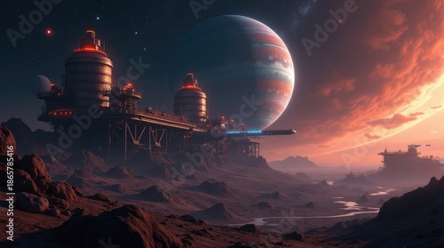 Interstellar mining facility operating near a fractured planet.