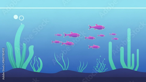 Underwater scene with pink fish swimming among seaweed and ocean plants in a serene blue environment with marine life and aquatic with calm