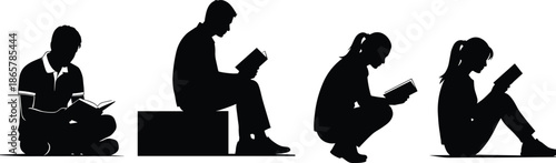 Four silhouettes of people reading books in seated and crouched positions, highlighting leisure, relaxation, education, focus, and lifestyle engagement