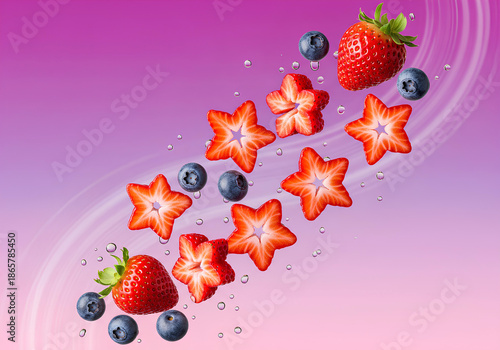 Blueberries and Star-Shaped Strawberry Slices Floating on a Pink and Purple Gradient Background