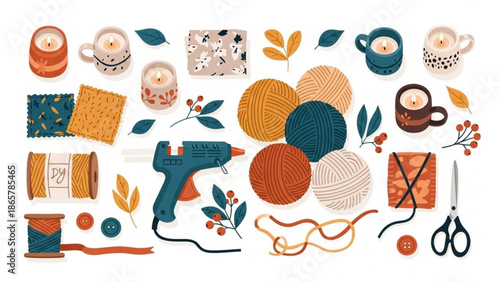 Assorted craft supplies including yarn, candles, scissors, and glue gun arranged on white background with decorative elements with DIY