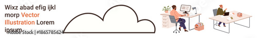 Cloud computing, remote work, office productivity, data storage, teamwork, collaboration. Professionals at desks with laptops and cloud graphic. Cloud computing and remote work theme
