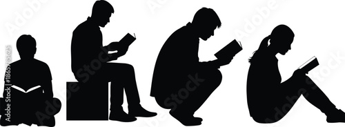 Four silhouettes of people reading books in seated and crouched positions, highlighting leisure, relaxation, education, focus, and lifestyle engagement