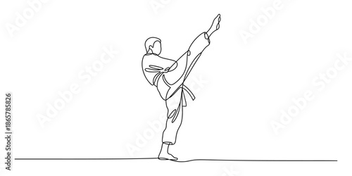 Continuous line drawing of a person performing a high martial arts kick
