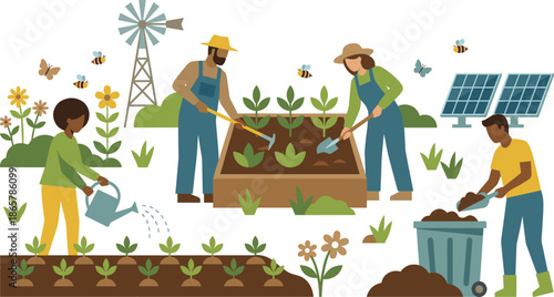 Sustainable farming illustration with people gardening together using solar panels windmill and eco friendly methods to grow organic vegetables