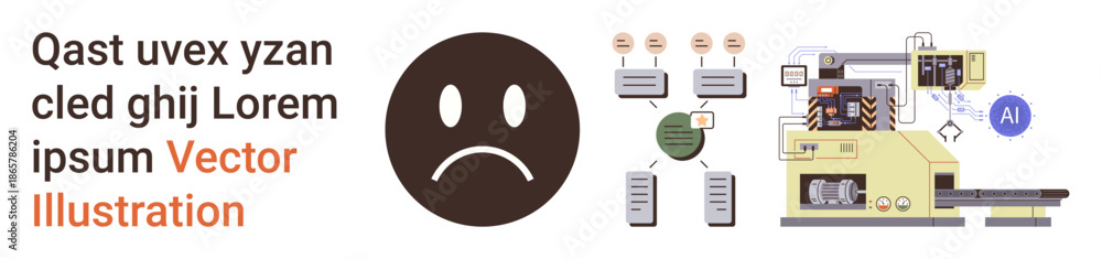 Fototapeta premium Emotions, automation, AI technology, machine processes, data flow, communication systems. Sad face icon next to AI-powered machinery and data flows. Emotions and automation concepts