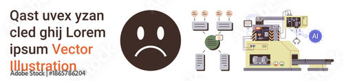 Emotions, automation, AI technology, machine processes, data flow, communication systems. Sad face icon next to AI-powered machinery and data flows. Emotions and automation concepts