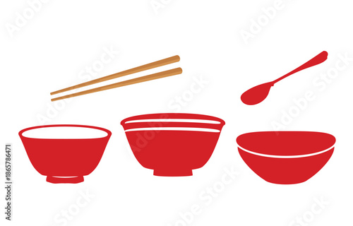 Minimal red tableware illustration set with bowls, chopsticks, and spoon in a clean flat style, designed for Asian cuisine graphics, food icons, menus, and simple kitchen design projects.