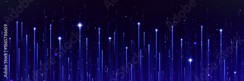Vertical upward lines glowing on black background. Vector realistic illustration of neon blue light beams shining in dark, hi tech data speed visualization, futuristic metaverse matrix, vr game design