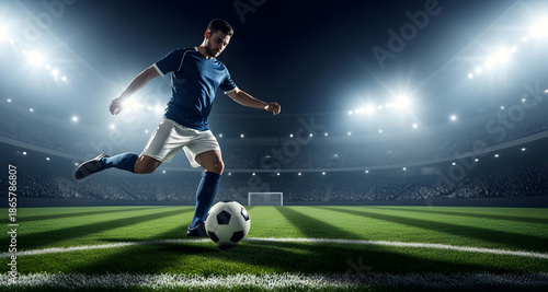Professional soccer player kicking ball in stadium with bright spotlights