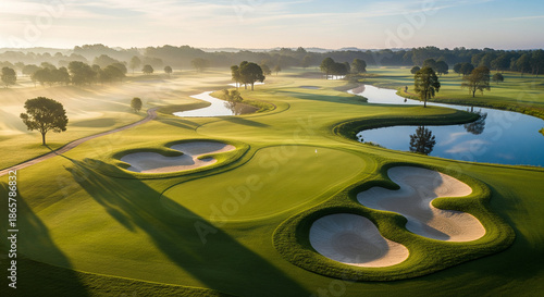 A cinematic 4K aerial shot of a luxury golf course, captured early in the morning