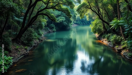 A winding river flows through a dense, humid jungle, its surface reflecting the overhead canopy of trees,  travel,  trees
