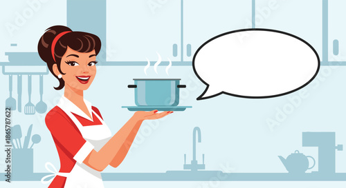 Smiling retro-style housewife in an apron holding a steaming pot in a kitchen setting, with a blank speech bubble for text.