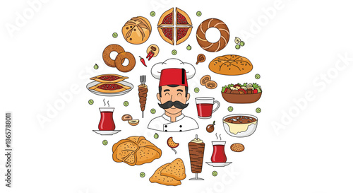 Delicious collection of traditional Turkish food icons, including doner kebab, pide, and tea, arranged around a friendly chef character.