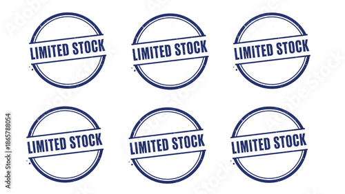 Set of six blue circular rubber stamps clearly displaying the text limited stock for sales promotion or inventory control needs